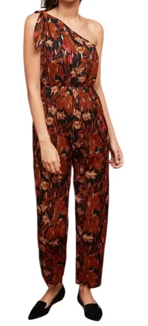 Anthropologie Maeve Kyoto Floral Jumpsuit‎ 4 brown metallic one shoulder thumbnail 1