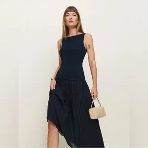 NWOT Reformation Cyra dropped waist pleated skirt dress midnight navy blue sz 0 thumbnail 3