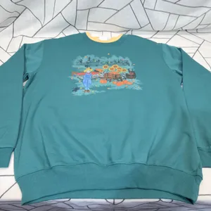 Country Store Sweatshirt Large Teal Green Autumn‎ Scarecrow Pumpkin Sunflower thumbnail 3