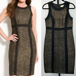 Michael Kors Tweed Sheath Dress Sz 4 Black Gold Metallic Career Cocktail Preppy thumbnail 2