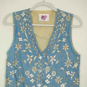 Keren Hart Vintage Denim Floral Embroidered Vest Blue Tan Boho Cottagecore thumbnail 2