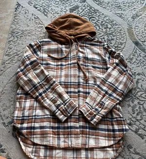 American Eagle Outfitters Plaid Button Down Shirt with Hood - Brown and Blue thumbnail 1