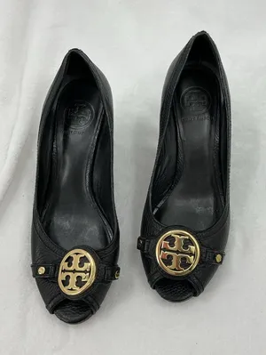 Tory Burch Black Leather Peep-Toe Heels with Gold Logo Medallion B47 thumbnail 1