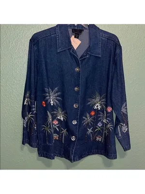 NEW Vintage Blue Jean Jacket Embroidered Palm Trees tropical resort cruise vacay thumbnail 2