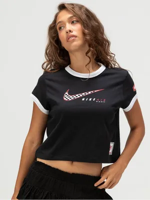 Nike Black Crop Tee with White Ringer and Checker Swoosh thumbnail 1