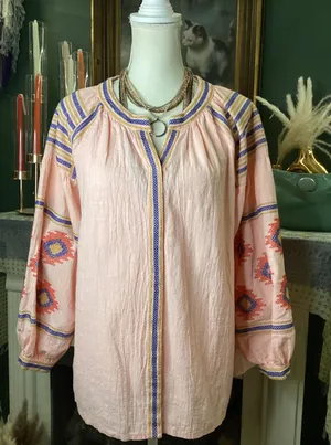 Velzera Peach Pink‎ Cotton Gauze Embroidered Peasant Blouse Top Large L thumbnail 1