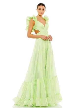 Mac Duggal Ruffle Tiered Cut-Out Chiffon Gown mint color size 8. H thumbnail 1