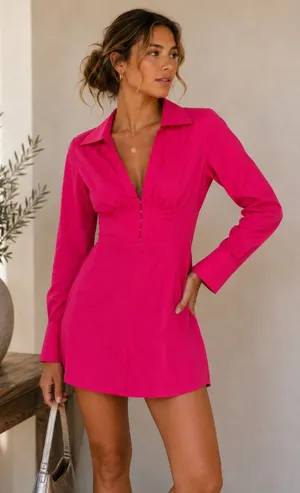Urban Outfitters Hot Pink Long Sleeve Mini Dress Womens XS Barbie Core Collared thumbnail 1