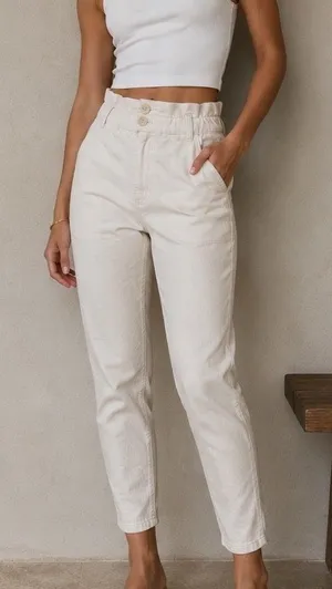 Zara White High Waisted Paperbag Denim‎ Jeans Tapered Leg XS thumbnail 1