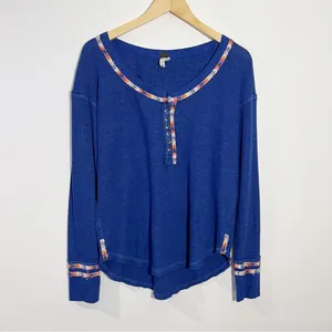 Free People We the Free‎ Blue Rainbow Embroidered Thermal Top Medium Cottagecore thumbnail 2