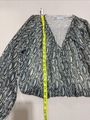 Zara Teal and Cream Printed V‑Neck Blouse thumbnail 5