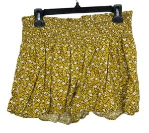 Aerie Smocked Waist Floral Flowy Shorts Women's Size L Mustard Yellow White Boho thumbnail 1