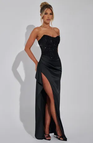 Babyboo emrielle Strapless Black Satin maxi Dress with Beaded Corset and slit thumbnail 4