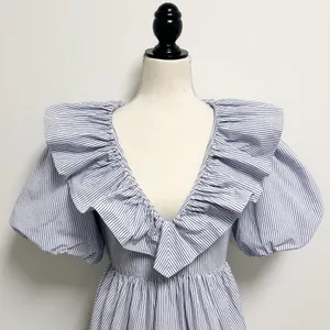Saylor Blue White Stripe Zerina Plunging V Neck Puff Short Sleeve Mini Dress S thumbnail 2