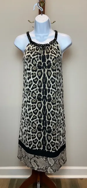 MSK Cream Animal Print Halter Shift Dress Chain Detail Size L New With Tag thumbnail 1