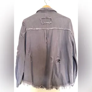 POL Women's Charcoal Distressed Fade Raw Jean Jacket Sz‎ Small Oversized Fit thumbnail 2