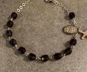 Garnet Gemstone Rosary Bracelet 6mm Miraculous medal Benedict crucifix Italy thumbnail 3