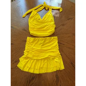 Windsor Yellow Ruched Halter Top and Ruffle Mini Skirt Set 17553ST-T XS thumbnail 2