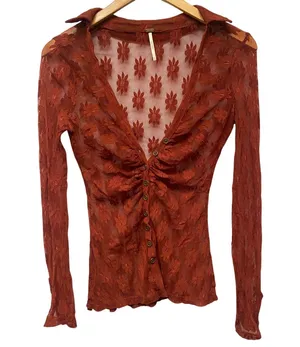 Free People Mesh Floral Burnout Button Long Sleeve Top XS Fairycore Festival thumbnail 1
