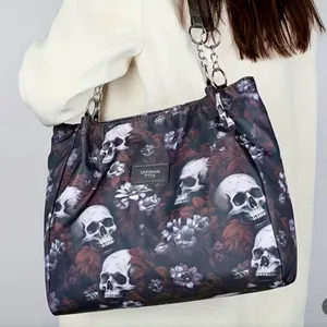 Gothic Edgy Black Skull & Red Floral Tote with Dual Straps thumbnail 3