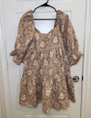 Entro Floral Jacquard Babydoll Mini Dress Tan Cream Puff Sleeve Large thumbnail 1