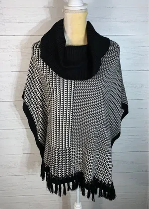 White House Black Market black white fringe poncho size M thumbnail 1