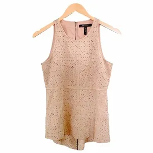 BCBGMAXAZRIA Caralyn Top Size Small Faux Suede Perforated Peplum Y2K Beige thumbnail 2