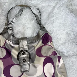 Coach Op Art Scarf Print Signature Shoulder Bag with Purple and Silver Detail thumbnail 2