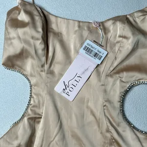 NWT Oh Polly Tan Ocean Shinmer Satin Rhinestone Cut Out Mini Dress thumbnail 5