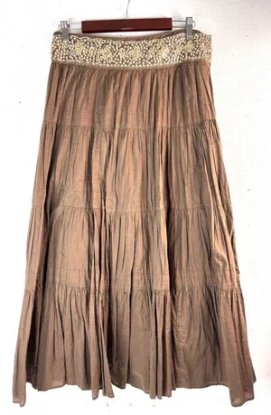 BCBGMaxAzria S Cotton Tiered Brown Embellished Beaded Waist Midi Skirt thumbnail 1