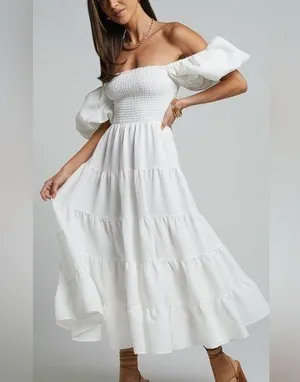 Showpo Maxima Midi Dress - Puff Sleeve Shirred Bodice Tiered Dress In White, 4 thumbnail 1