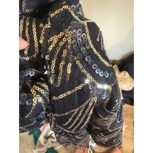 Gianni Bini Black Gold Sequin Mini‎ Dress Art Deco Scalloped Long Sleeve Medium thumbnail 6