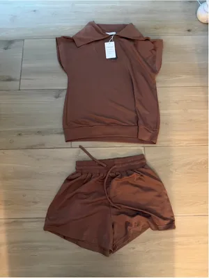 NEW 2 Piece Set Half Zip Lapel Collar Lounge Set Cap Sleeve Shorts Pockets S thumbnail 4