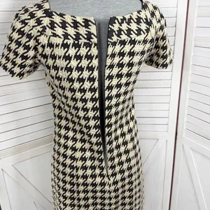 Dress Barn Houndstooth Textured Knit Cap Sleeve‎ Retro Sheath Dress Tan Black 4 thumbnail 6
