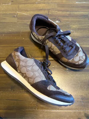 Coach Mason Jacquard Sneakers Suede Signature Monogram CC Canvas Brown Tan thumbnail 1