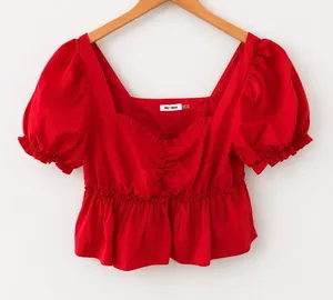 Anthropologie Coquette Puff Sleeve Babydoll Peplum Top Red Cottagecore Medium Feminine Whimsy thumbnail 1