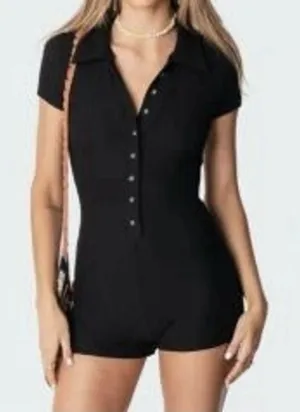 Oak +‎ Fort Black Fitted Polo Romper Short Sleeve Preppy Sporty Athleisure thumbnail 1