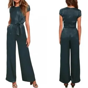 Lulus Let Me Entertain You Dark Green Satin Wide Leg Jumpsuit Tie Front Size XS thumbnail 2