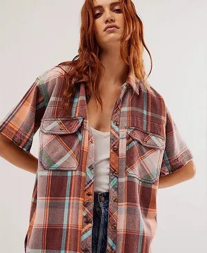 We The Free Vintage Crush Plaid Shirt Brown Combo thumbnail 1