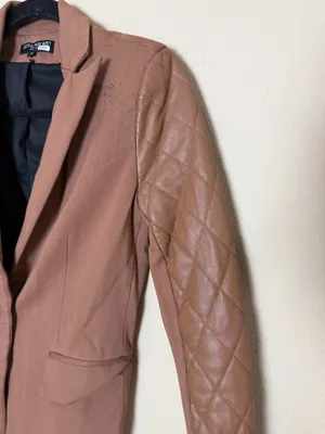 Central Park West Faux Leather Quilted Sleeve Blazer Jacket Camel Tan Size XS thumbnail 2