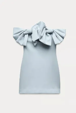ZARA NWT VIRAL TIK TOK blogger’s FAVORITE stunning BLUE STRAPLESS BOW DRESS S thumbnail 4