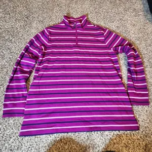 Lands End Magenta Navy‎ Striped Quarter Zip Pullover Top Womens Large Petite thumbnail 1