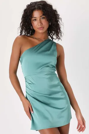 NWT Lulus Love Me Tonight Sage Green Satin One-Shoulder Mini Dress Party Sz XS thumbnail 1