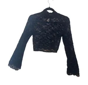 Womens Lace Crop Top Small Black Bell Sleeve Mock Neck Goth Whimsigoth‎ Festival thumbnail 1
