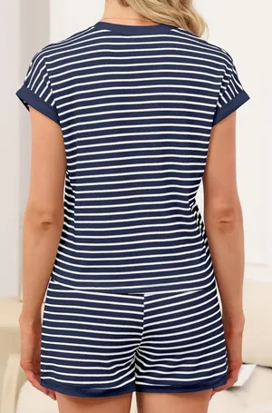 Amazon Womens 2 Piece Ribbed Striped Knit Pajama Set, Short Sleeve Top & Lounge Shorts thumbnail 5