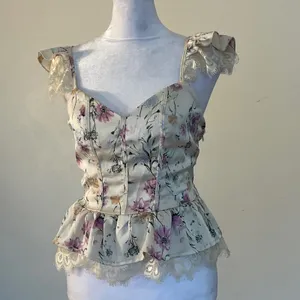 Floral Lace Corset Peplum Top Cream Purple Cottagecore Flutter Sleeve Bustier thumbnail 10