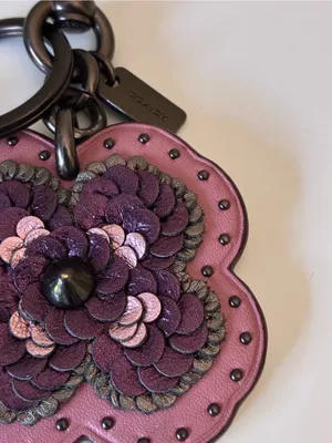 Coach Leather Sequin Applique Tea Rose Key Ring Bag Charm, Pink / Purple, 32677 thumbnail 5