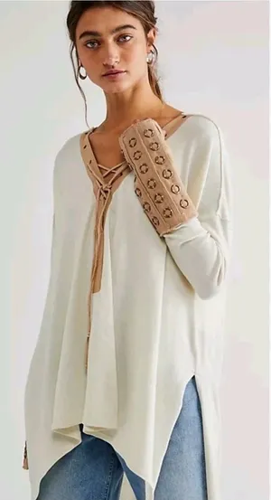 Free People Along For The Ride Tee Ivory Tan Grommet Lace Up Oversized Tunic Top thumbnail 1