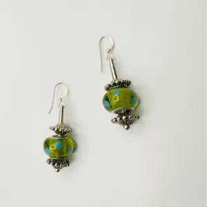 Lampwork Green Polka Dot Glass Dangle Earrings Silver Tone thumbnail 8