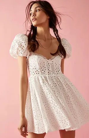 For Love & Lemons Becca White Eyelet Mini Corset Milkmaid Lace Trim Puff Sleeve thumbnail 1
